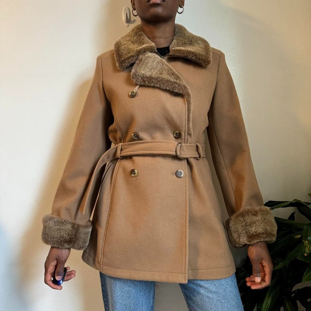 Elegant Tan Pea Coat with Faux Fur Trim